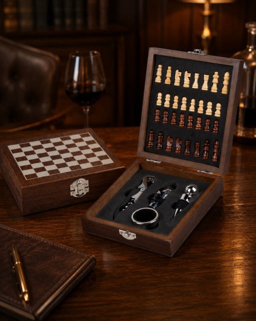 Wein-Set Schach-Holzbox mit Zubehör & Schachspiel by Lefran Cottbus