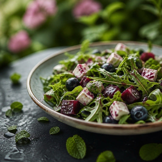 Rezeptideen von Wajos und Lefran Cottbus - Fruchtiger Rucola-Salat mit Roter Bete, Blaubeeren und veganem Feta