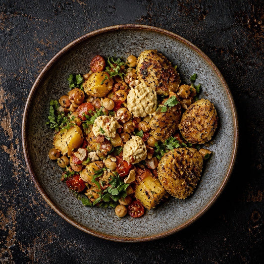 Orientalische Kichererbsen-Pfanne mit Knusper-Talern und Hummus-Dip