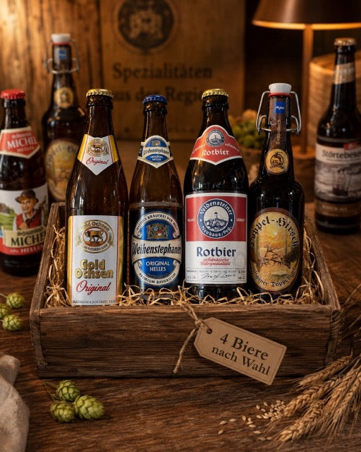 Bierpräsent im Holzkorb – 4 Biere nach Wahl by Lefran - Erlebnis- & Genusskaufhaus