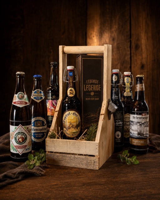Bierpräsent im Holzkorb – 4 Biere nach Wahl by Lefran - Erlebnis- & Genusskaufhaus