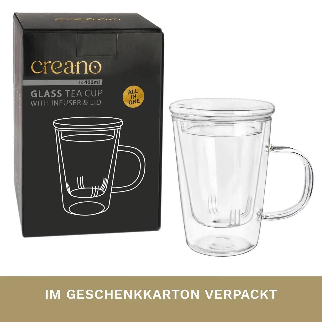 Creano Teeglas 400ml - Teetasse, Sieb & Deckel aus Glas
