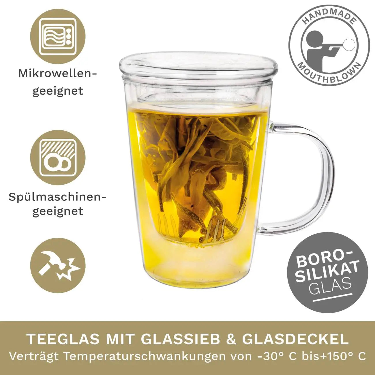 Creano Teeglas 400ml - Teetasse, Sieb & Deckel aus Glas