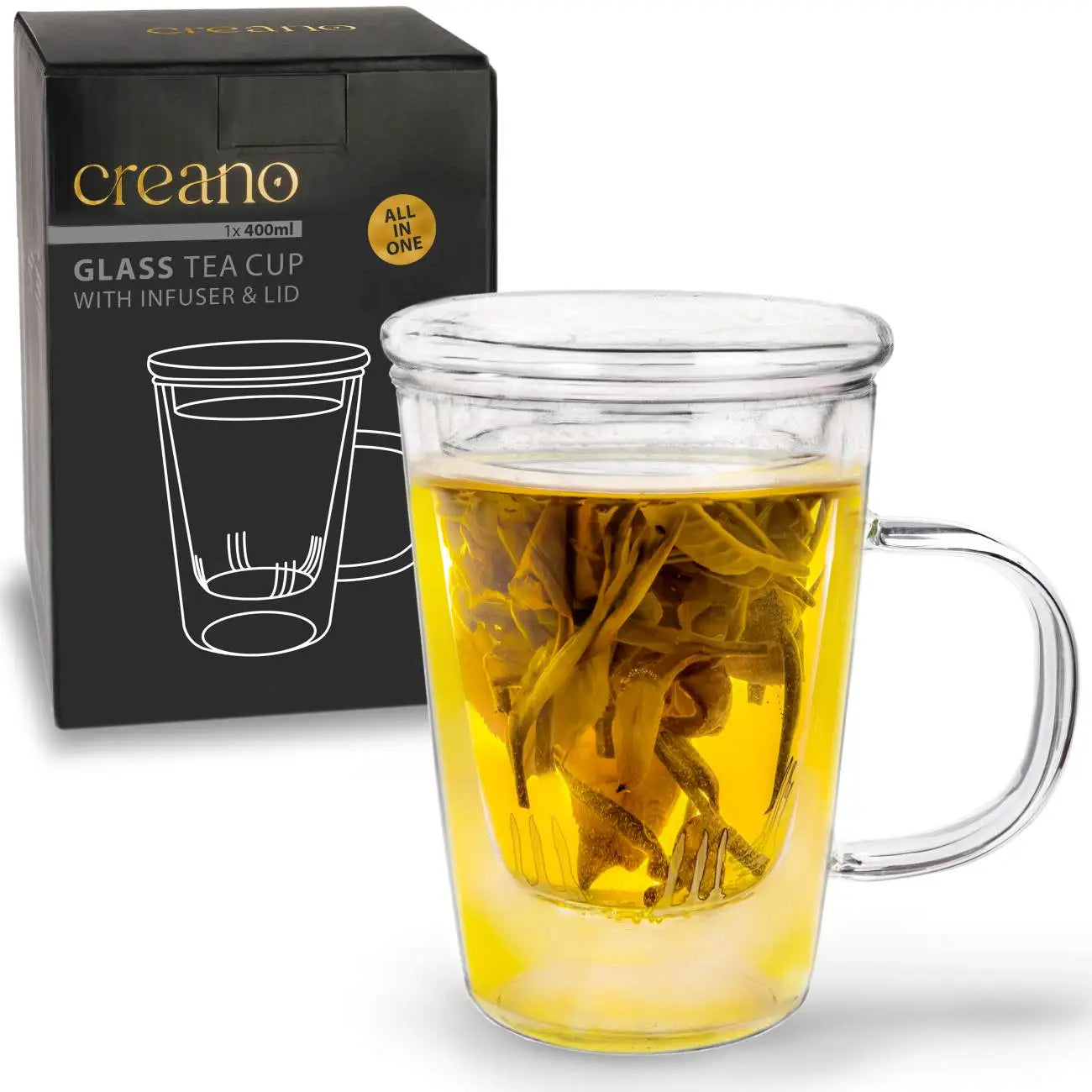 Creano Teeglas 400ml - Teetasse, Sieb & Deckel aus Glas