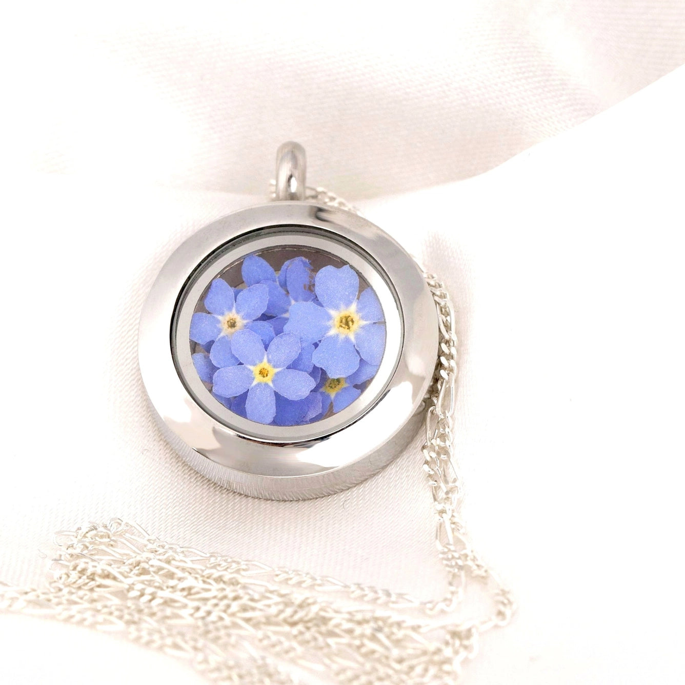 Vergissmeinnicht Blüten Medaillon - Glasmedaillon mit Echten Blüten 925 Sterling Silber Halskette