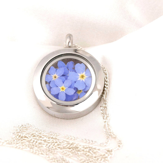 Vergissmeinnicht Blüten Medaillon - Glasmedaillon mit Echten Blüten 925 Sterling Silber Halskette