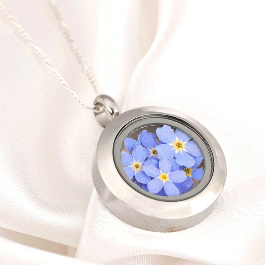 Vergissmeinnicht Blüten Medaillon - Glasmedaillon mit Echten Blüten 925 Sterling Silber Halskette